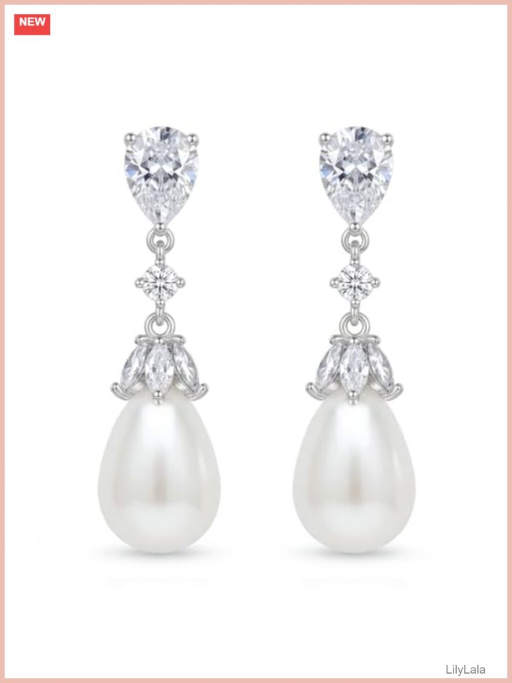 Pearl Drop Dangle Earrings Silver Plated Cubic Zirconia Bridal Wedding Prom